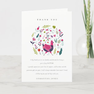 Tarjeta De Agradecimiento Elegante Baptismo de Birdie Floral Farm Folclórica