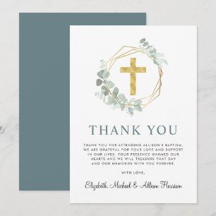 Tarjeta De Agradecimiento Elegante Baptismo de color acuático cruzado de oro