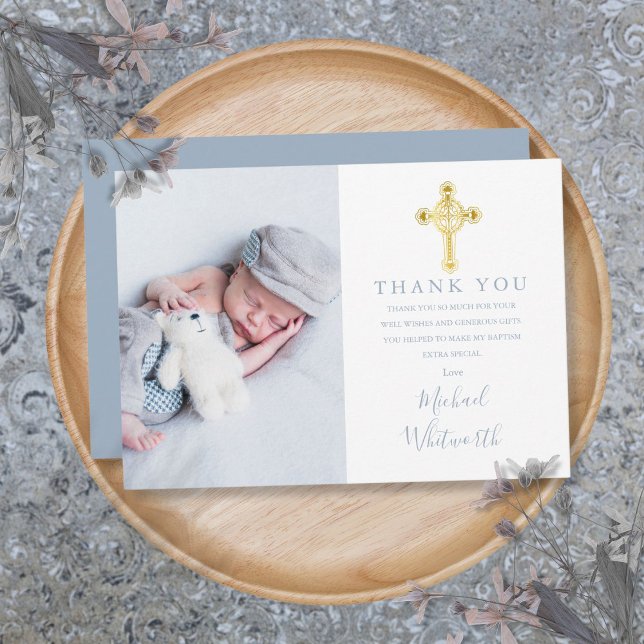 Tarjeta De Agradecimiento Elegante Baptismo de escritura de fotografía cruza (Elegant Gold Cross Photo Signature Script Baptism Thank You Card)