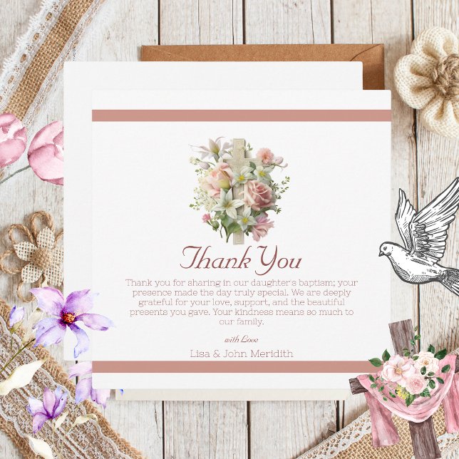 Tarjeta De Agradecimiento Elegante Baptismo de la Cruz Floral (Floral Cross Thank You Card)