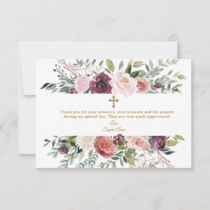 Tarjeta De Agradecimiento Elegante Baptismo de oro con marco floral de marfi
