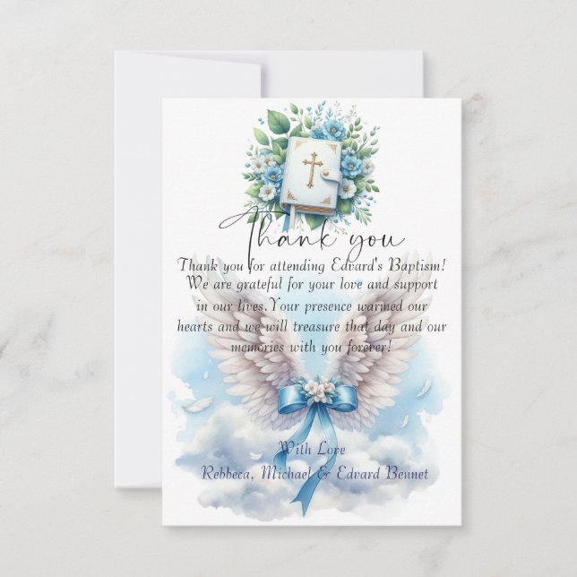 Tarjeta De Agradecimiento Elegante Baptismo Floral Azul (Anverso)