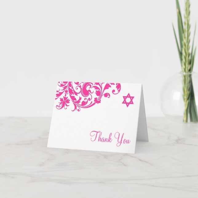 Tarjeta De Agradecimiento Elegante Bat Mitzvah Rosado Floreciente Gracias (Anverso)