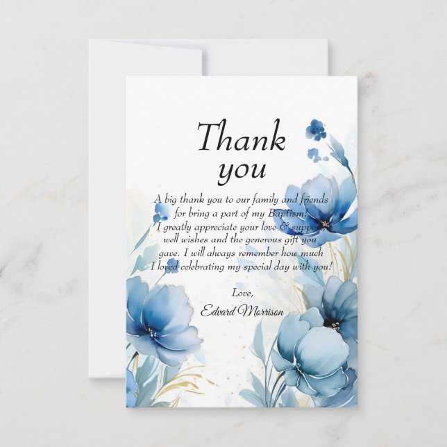 Tarjeta De Agradecimiento Elegante Bautismo Azul Dusto Floral (Anverso)