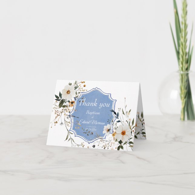 Tarjeta De Agradecimiento Elegante Bautismo Azul Dusto Floral (Anverso)