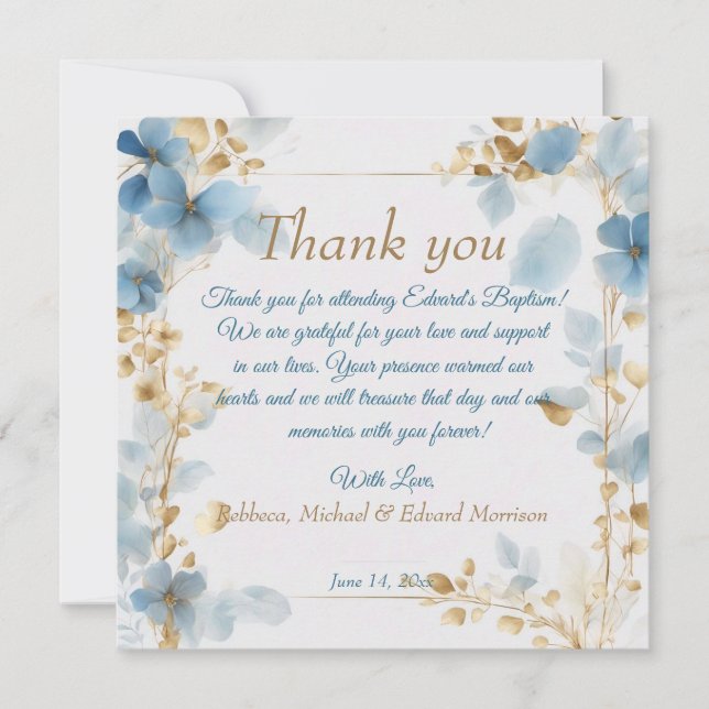Tarjeta De Agradecimiento Elegante Bautismo Azul Dusto Floral (Anverso)