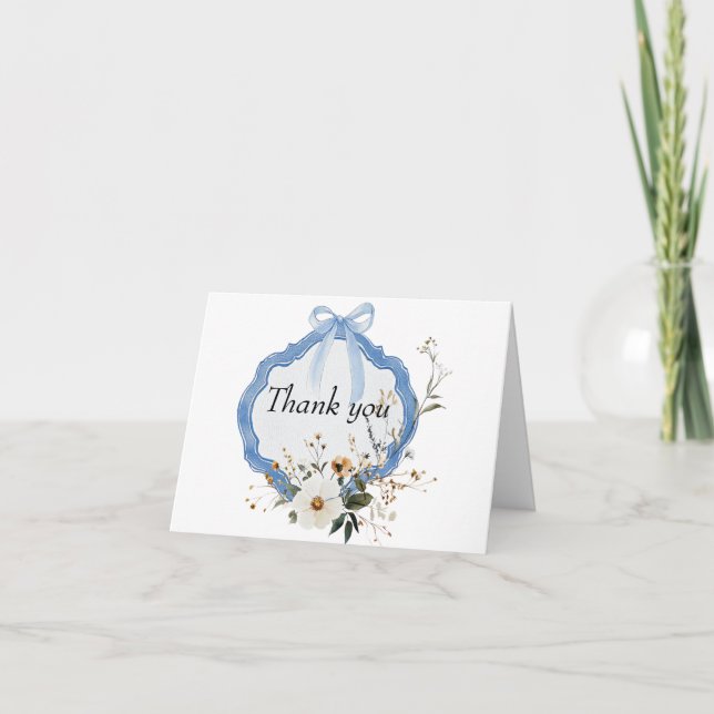 Tarjeta De Agradecimiento Elegante Bautismo Azul Dusto Floral (Anverso)