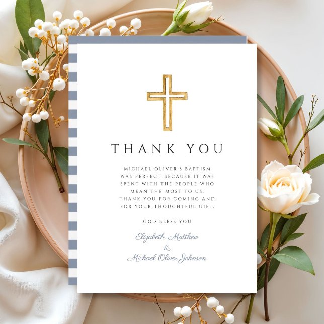 Tarjeta De Agradecimiento Elegante Bautismo de chico de la Cruz Azul Dusty (Elegant Dusty Blue Cross Boy Baptism Thank You Card)
