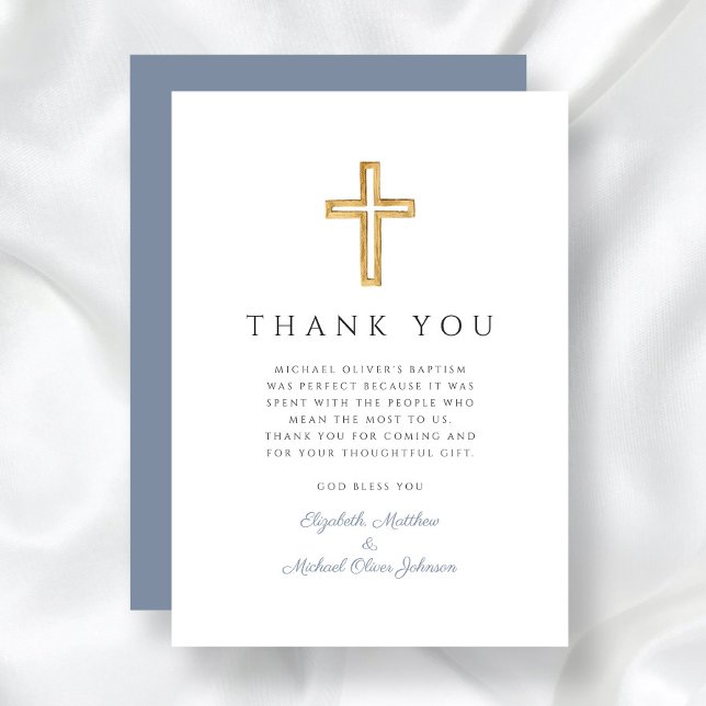 Tarjeta De Agradecimiento Elegante Bautismo de chico de la Cruz Azul Dusty (Elegant Dusty Blue Cross Boy Baptism Thank You Card)
