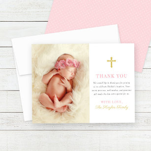 Tarjeta De Agradecimiento Elegante bautismo de foto de niña rosa y dorada