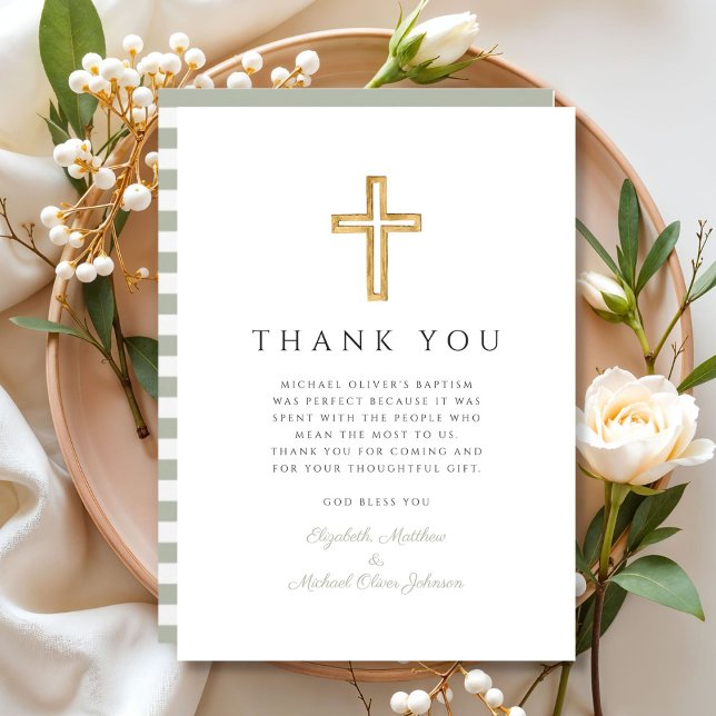Tarjeta De Agradecimiento Elegante Bautismo de la Cruz Verde Masaje (Elegant Sage Green Cross Baptism Thank You Card)