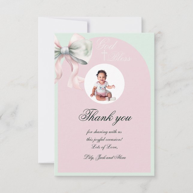 Tarjeta De Agradecimiento Elegante bautismo de menta rosa para niña (Anverso)