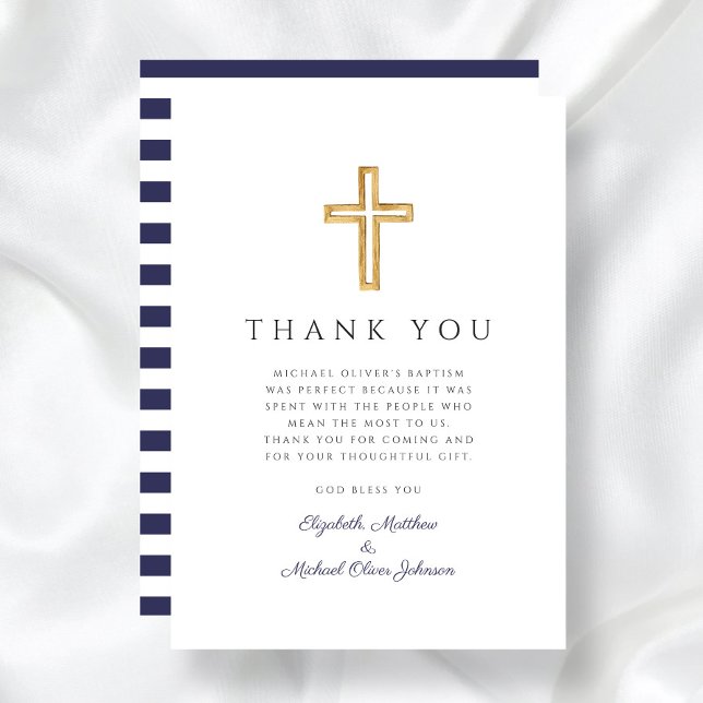 Tarjeta De Agradecimiento Elegante bautismo de travesía azul de la Marina (Elegant Navy Blue Cross Boy Baptism Thank You Card)