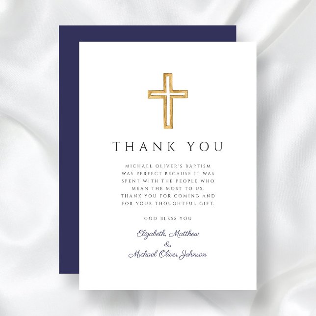 Tarjeta De Agradecimiento Elegante bautismo de travesía azul de la Marina (Elegant Navy Blue Cross Boy Baptism Thank You Card)