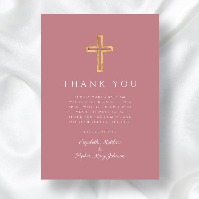 Tarjeta De Agradecimiento Elegante bautismo religioso de cruces Chicas (Modern Dusty Blue Cross Girl Baptism Thank You Card)