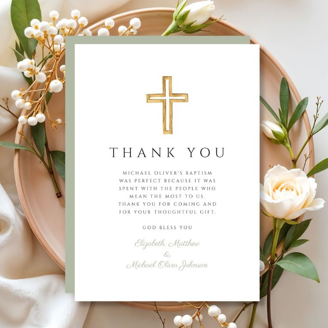 Tarjeta De Agradecimiento Elegante Bautismo Religioso Verde Masaje (Elegant Sage Green Religious Cross Baptism Thank You Card)