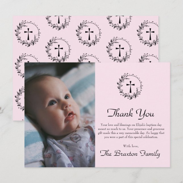 Tarjeta De Agradecimiento Elegante Bautismo Rosa Bebé Foto De Bebé Gracias T (Anverso / Reverso)