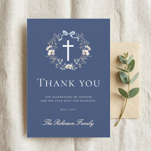 Tarjeta De Agradecimiento Elegante Bautizo de Cruz Floral Azul Marino