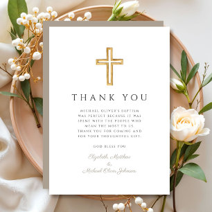 Tarjeta De Agradecimiento Elegante Bautizo de Niño con Cruz Beige