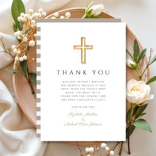 Tarjeta De Agradecimiento Elegante Bautizo de Niño con Cruz en Taupe