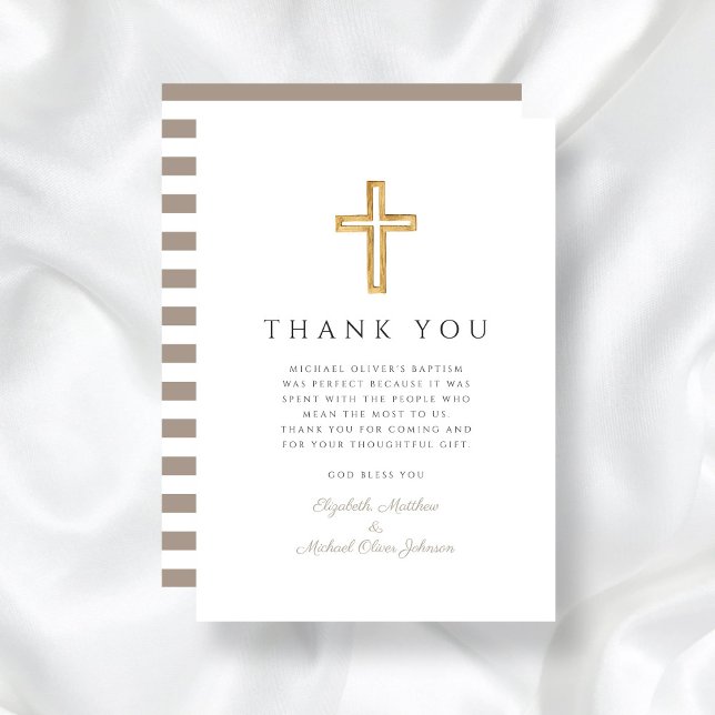 Tarjeta De Agradecimiento Elegante Bautizo de Niño con Cruz en Taupe (Elegant Taupe Cross Boy Baptism Thank You Card)