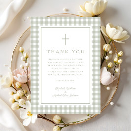 Tarjeta De Agradecimiento Elegante bautizo de niño en verde salvia a cuadros