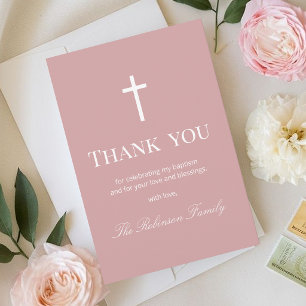 Tarjeta De Agradecimiento Elegante Bautizo Rosa Polvoriento 