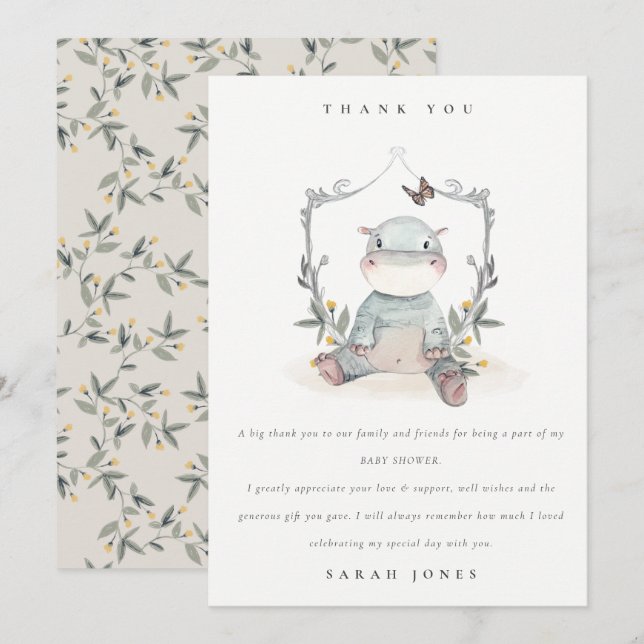 Tarjeta De Agradecimiento Elegante bebé amarillo lindo Hippo Foliage Baby Sh (Anverso / Reverso)