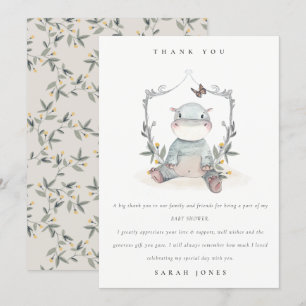 Tarjeta De Agradecimiento Elegante bebé amarillo lindo Hippo Foliage Baby Sh
