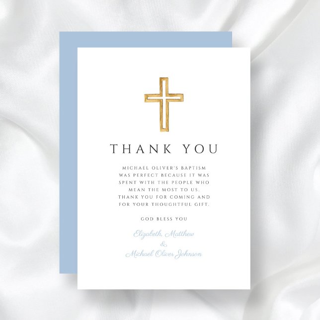 Tarjeta De Agradecimiento Elegante Bebé Cruz Azul Baptismo (Elegant Baby Blue Cross Boy Baptism Thank You Card)