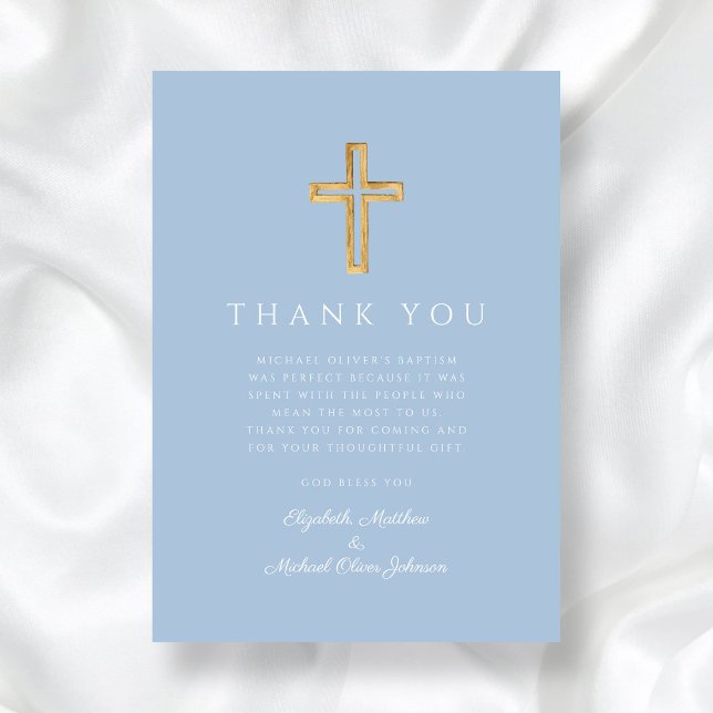 Tarjeta De Agradecimiento Elegante Bebé Cruz Azul Baptismo (Elegant Baby Blue Cross Boy Baptism Thank You Card)