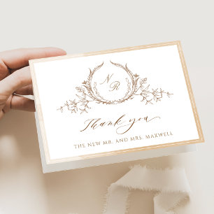 Tarjeta De Agradecimiento Elegante Beige Monogramado, Boda acuarela