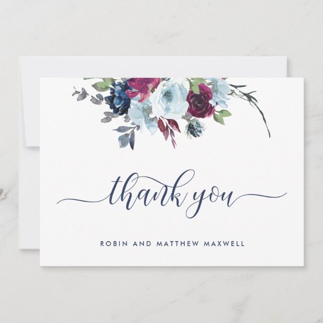 Tarjeta De Agradecimiento Elegante Berry, Blue y Burgundy Floral Gracias (Anverso)