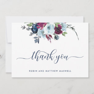 Tarjeta De Agradecimiento Elegante Berry, Floral Azul y Burdeos Agradecimien