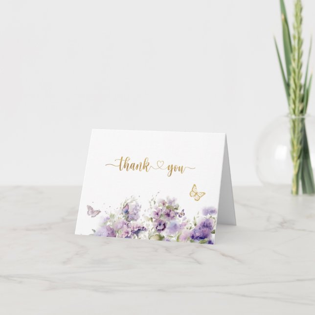 Tarjeta De Agradecimiento Elegante besos de mariposa flores púrpura Watercol (Anverso)