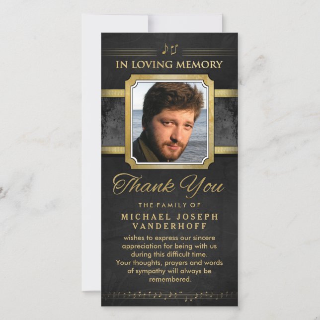 Tarjeta De Agradecimiento Elegante Black Gold Notes Memorial Gracias (Anverso)