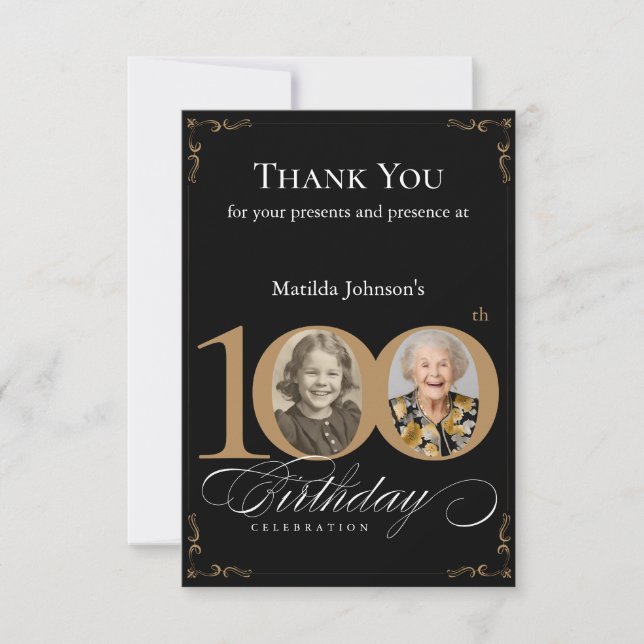 Tarjeta De Agradecimiento Elegante Black Gold Photo 100th Birthday Party (Anverso)