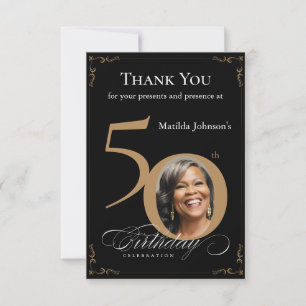 Tarjeta De Agradecimiento Elegante Black Gold Photo 50th Birthday Party