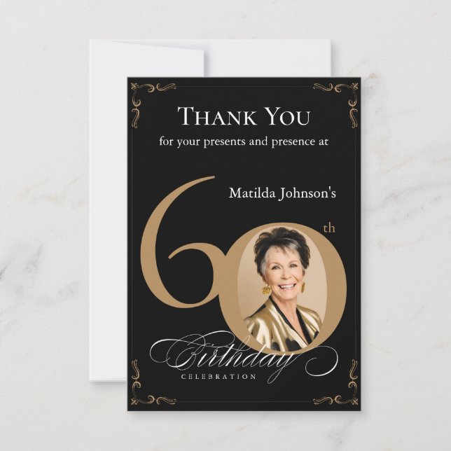 Tarjeta De Agradecimiento Elegante Black Gold Photo 60th Birthday Party (Anverso)