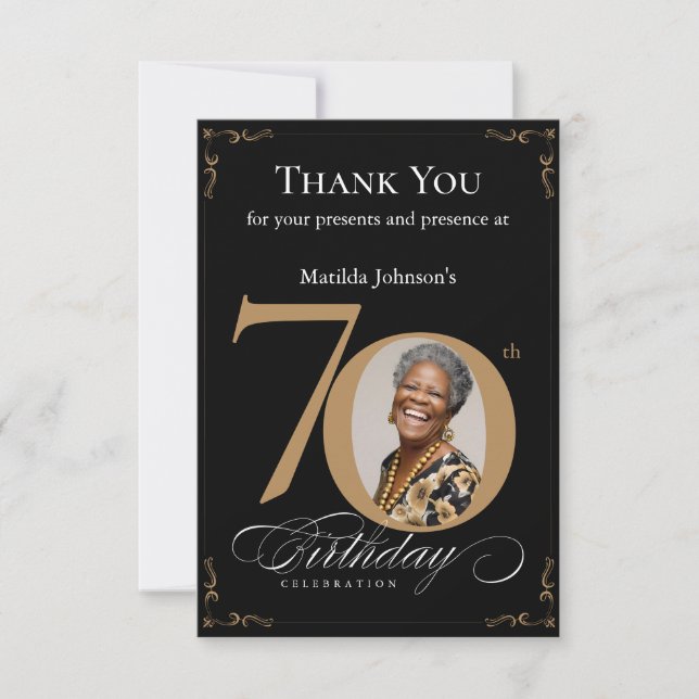 Tarjeta De Agradecimiento Elegante Black Gold Photo 70th Birthday Party (Anverso)