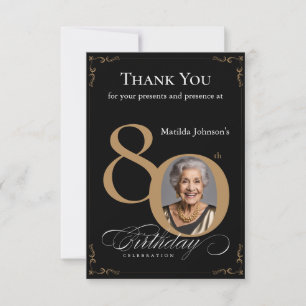 Tarjeta De Agradecimiento Elegante Black Gold Photo 80th Birthday Party