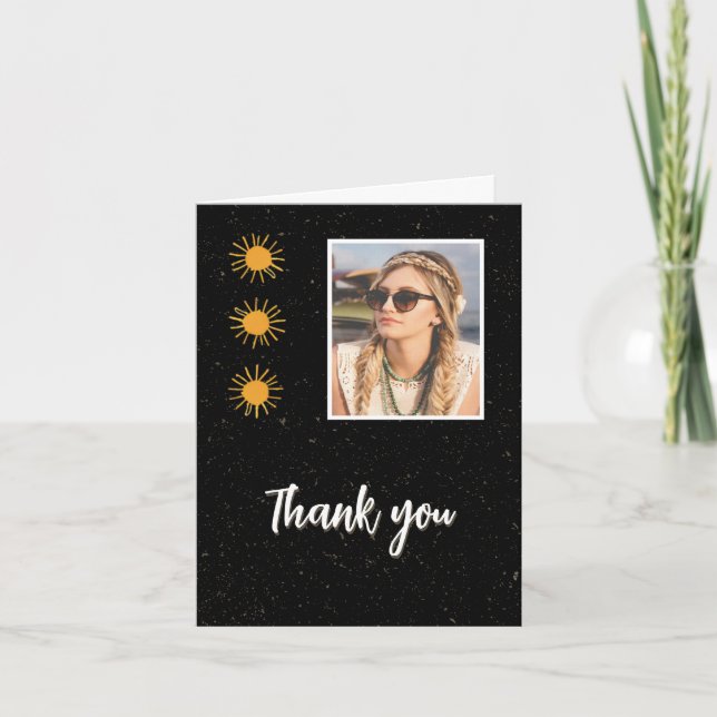 Tarjeta De Agradecimiento Elegante Black Gold Sun Photo Birthday (Anverso)