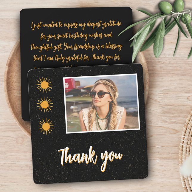 Tarjeta De Agradecimiento Elegante Black Gold Sun Photo Birthday (Subido por el creador)