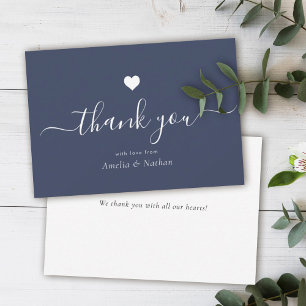 Tarjeta De Agradecimiento Elegante Black Modern Script Navy Blue Heart
