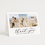 Tarjeta De Agradecimiento Elegante Black Script Personalizado 3 Boda de foto<br><div class="desc">Las tarjetas de agradecimiento boda horizontal plegado presentan un elegante y elegante guión de caligrafía en negro "Gracias" con florituras de desplazamiento. Personalice la parte delantera con 3 fotos de retrato favoritas de la novia y el novio, así como un simple monograma sans serif de los nombres de la pareja....</div>