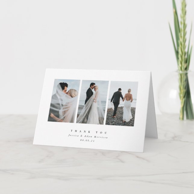 Tarjeta De Agradecimiento Elegante blanco Boda de foto triple mínimo (Anverso)