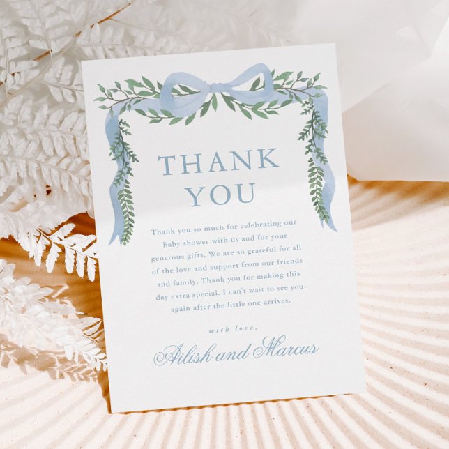Tarjeta De Agradecimiento Elegante Blue Bow con GreenBoy Baby Shower (Elegant blue bow greenery baby shower thank you cards.)