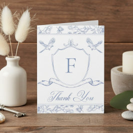 Tarjeta De Agradecimiento Elegante Blue Chinoiserie Boda de pájaros y Escudo