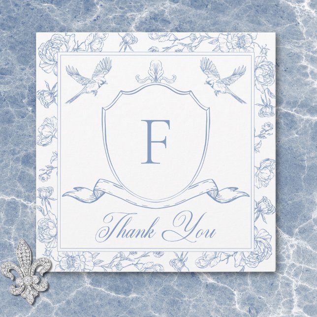 Tarjeta De Agradecimiento Elegante Blue Chinoiserie Boda de pájaros y Escudo (Elegant Blue Chinoiserie Bird & Crest Wedding Thank You Card)