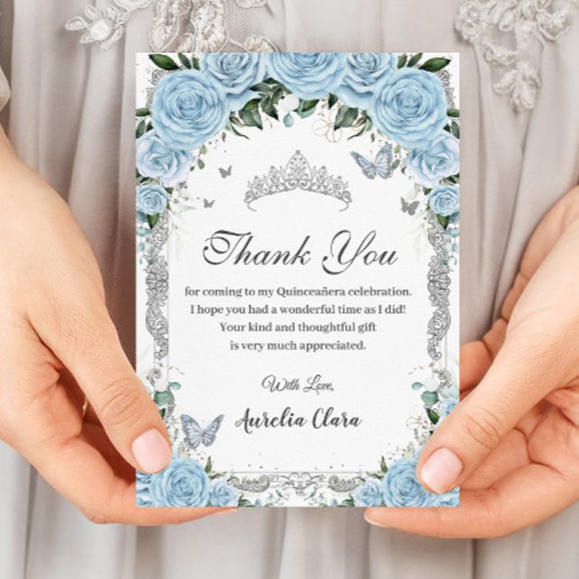 Tarjeta De Agradecimiento Elegante Blue Floral Blue Sweet Dieciséis Quinceañ (Subido por el creador)